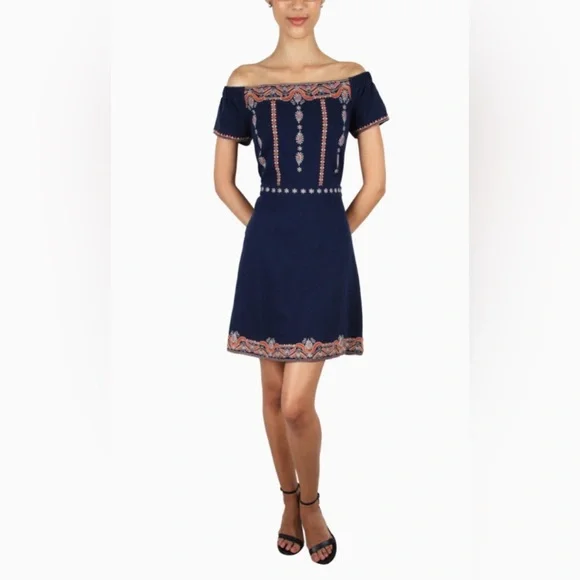 TORY BURCH “Nell” off-the-shoulder Embroidered Mini Dress Size: large - Picture 4 of 8